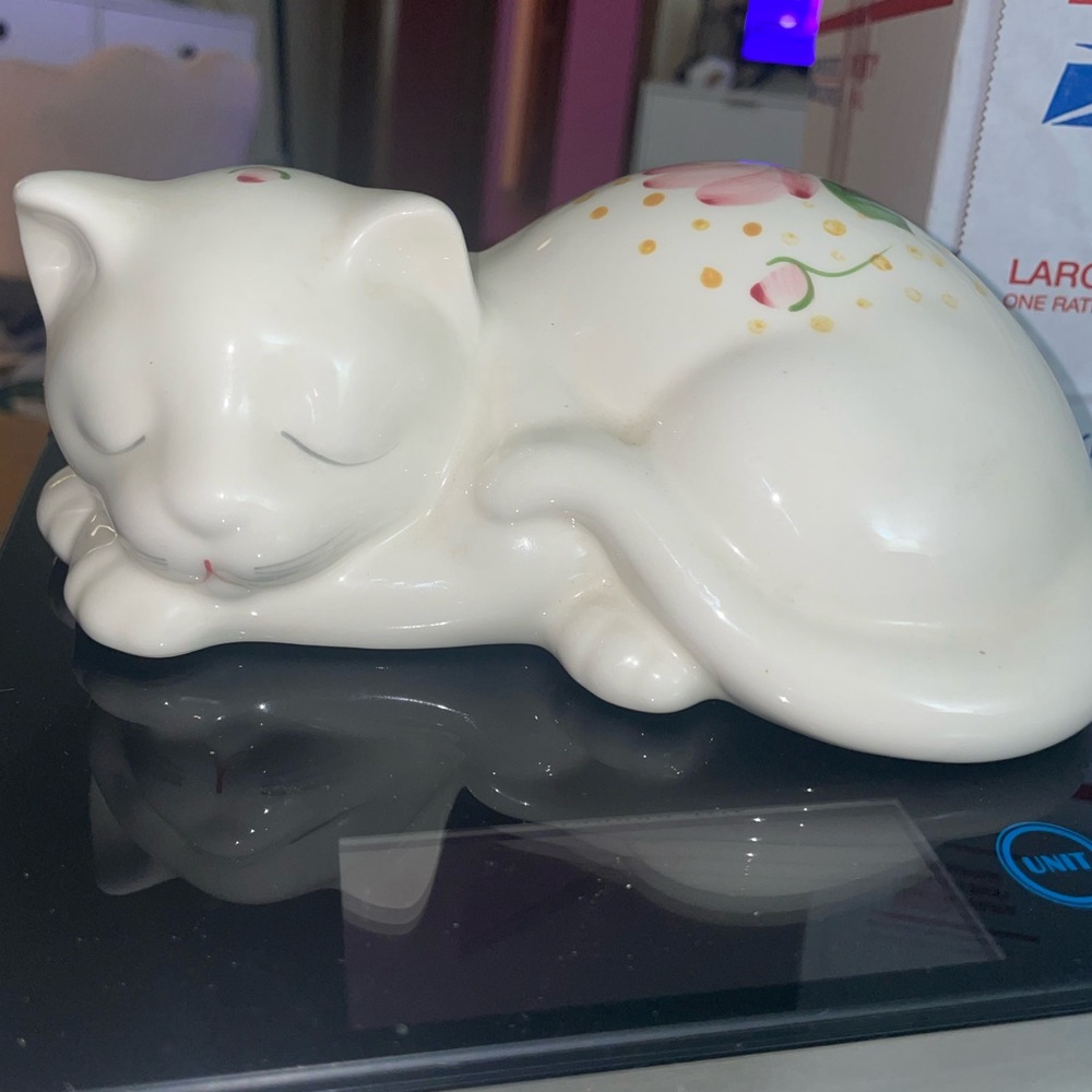 Vintage Lasting Products Ceramic Sleeping Cat Figurine with Hand Painted Flowers
